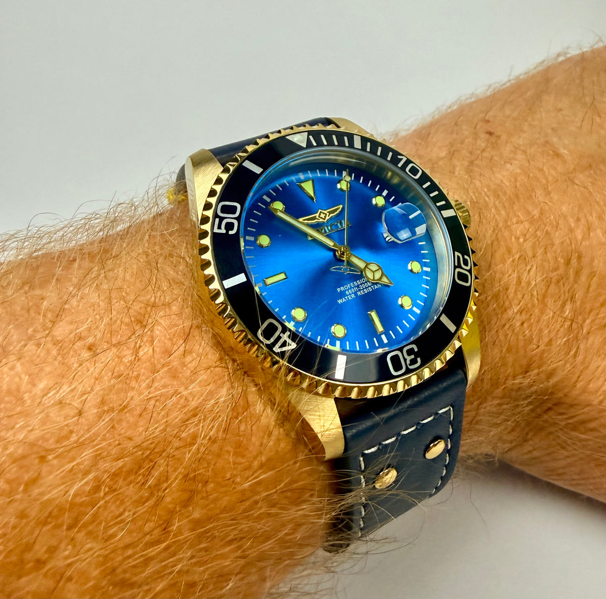 22076 43mm Mens Pro Diver  Blue Dial Watch Leather Strap Special Case