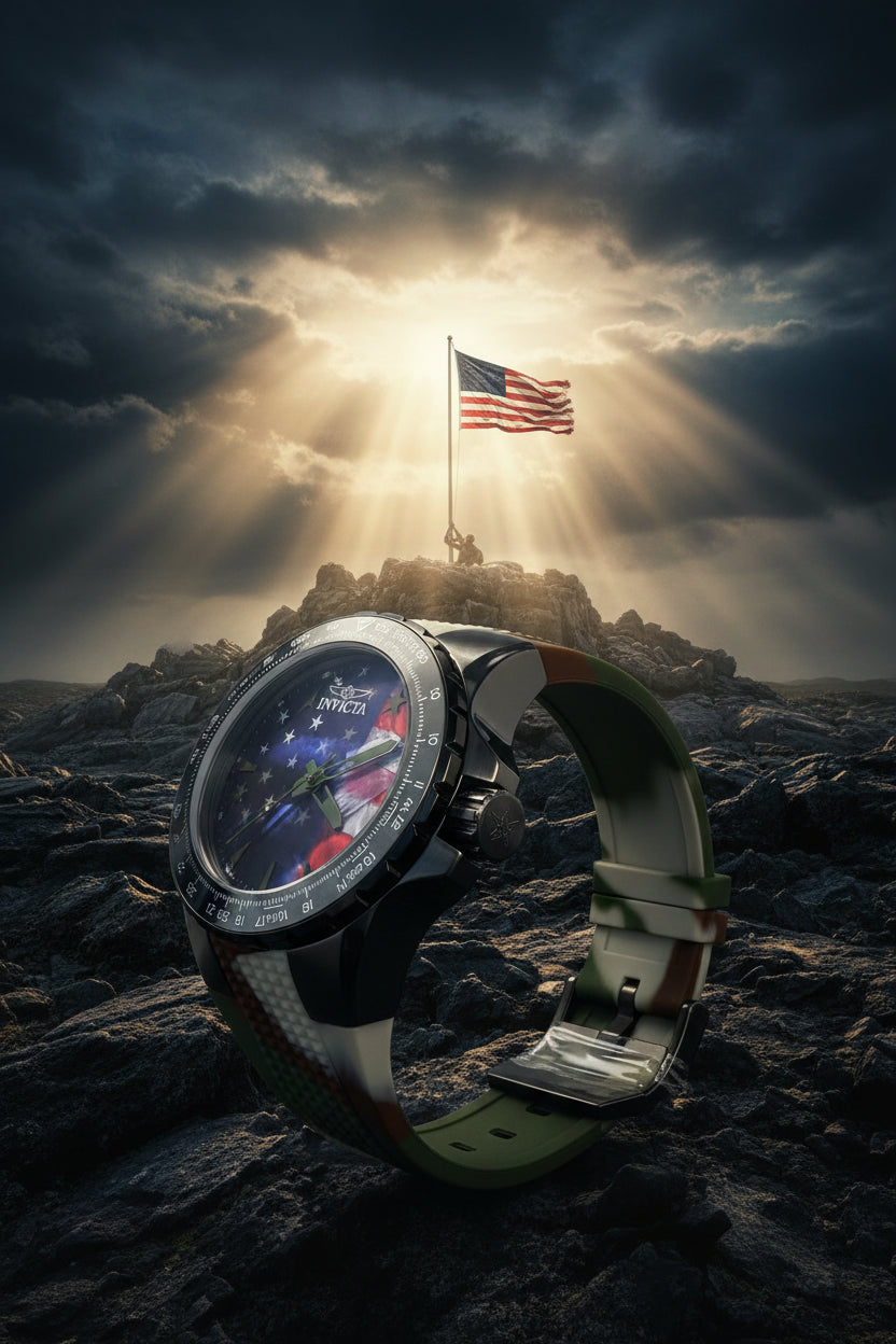 Invicta Aviator Patriotic Camo Watch with a camouflage band on a white surface