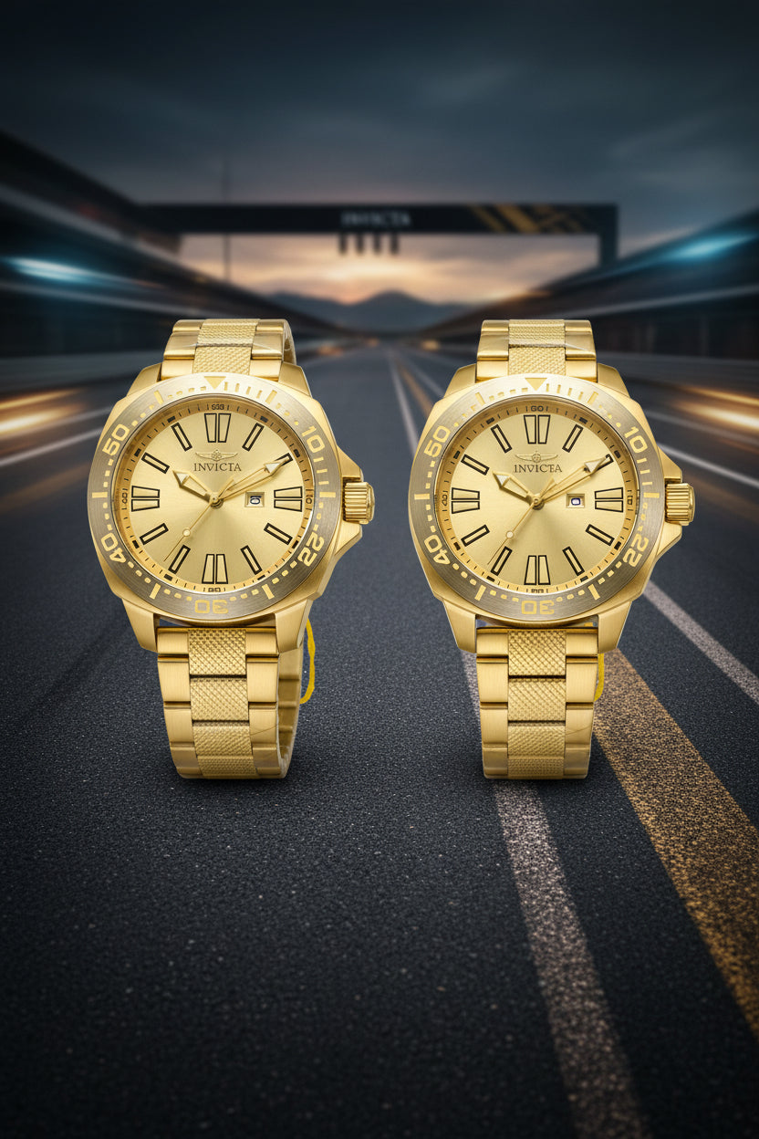 Two gold Invicta Speedway 48mm watches with a blurred road background