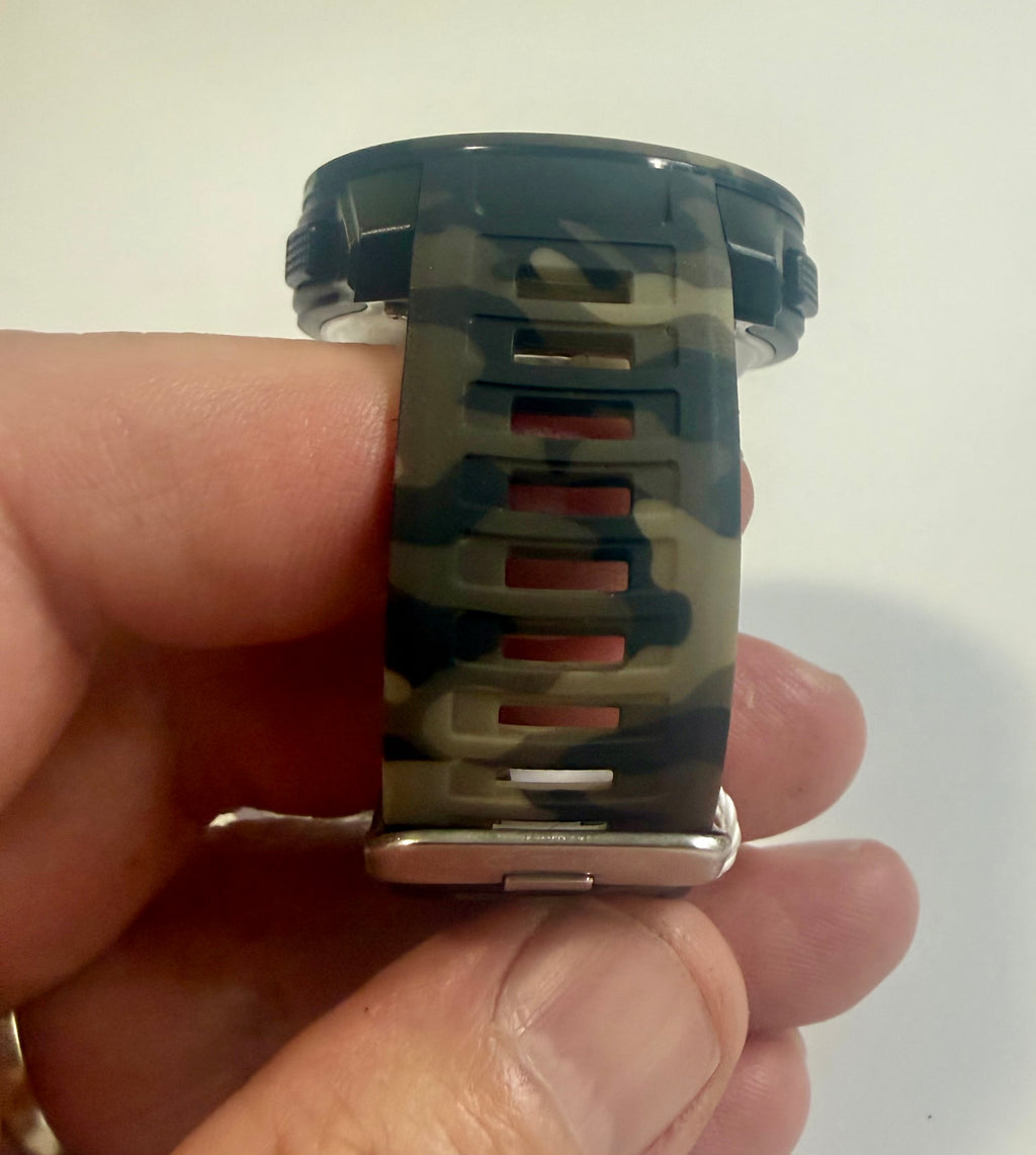 Camouflage-patterned watch band held by a hand against a plain background