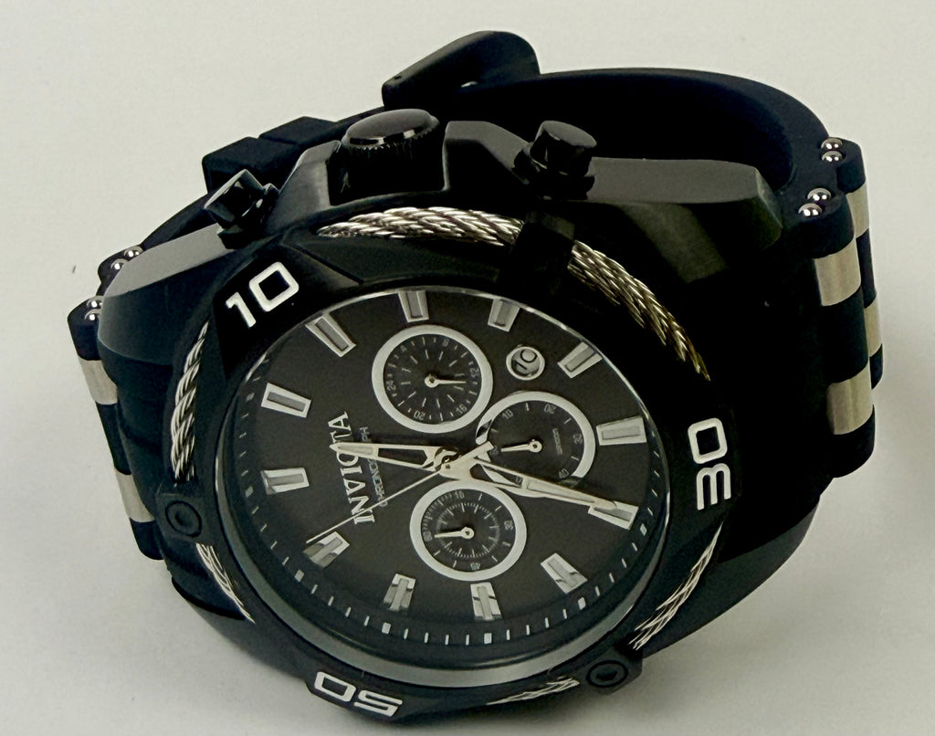 34145 Mens Invicta Bolt Vanguard 50mm Steel Black Dial Polyurethane Strap Watch 100M WR