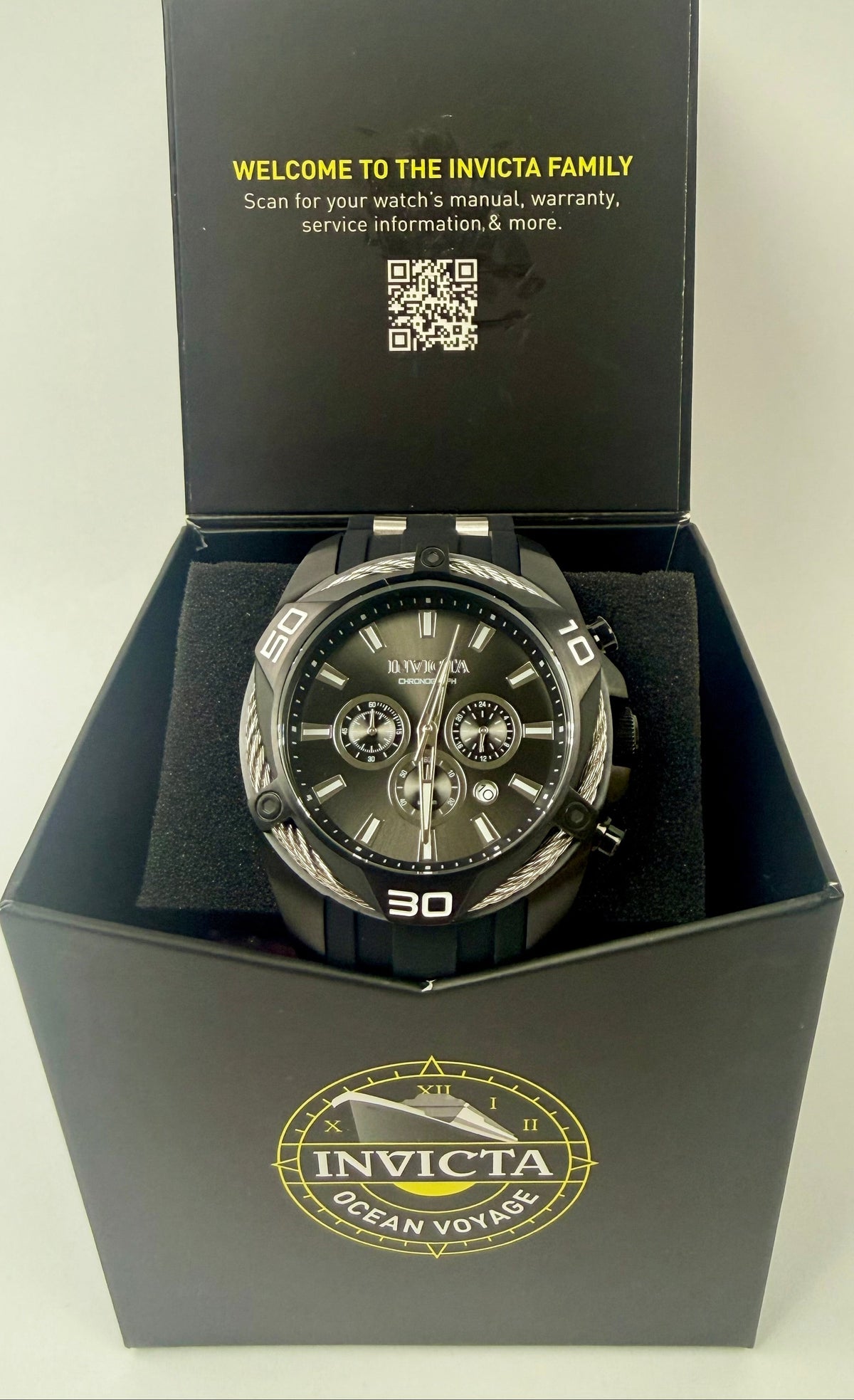 34145 Mens Invicta Bolt Vanguard 50mm Steel Black Dial Polyurethane Strap Watch 100M WR