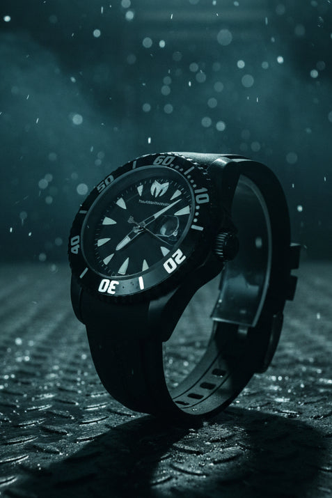 TechnoMarine 42mm Trible Black Manta Sea Black wristwatch with a visible brand tag on a white background