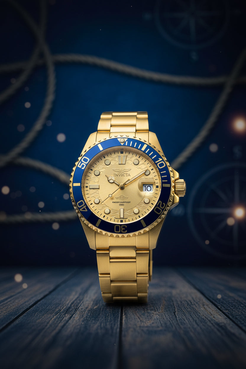 Invicta 38mm Unisex Pro Diver Gold and blue watch on a white surface with Invicta branding in the background.