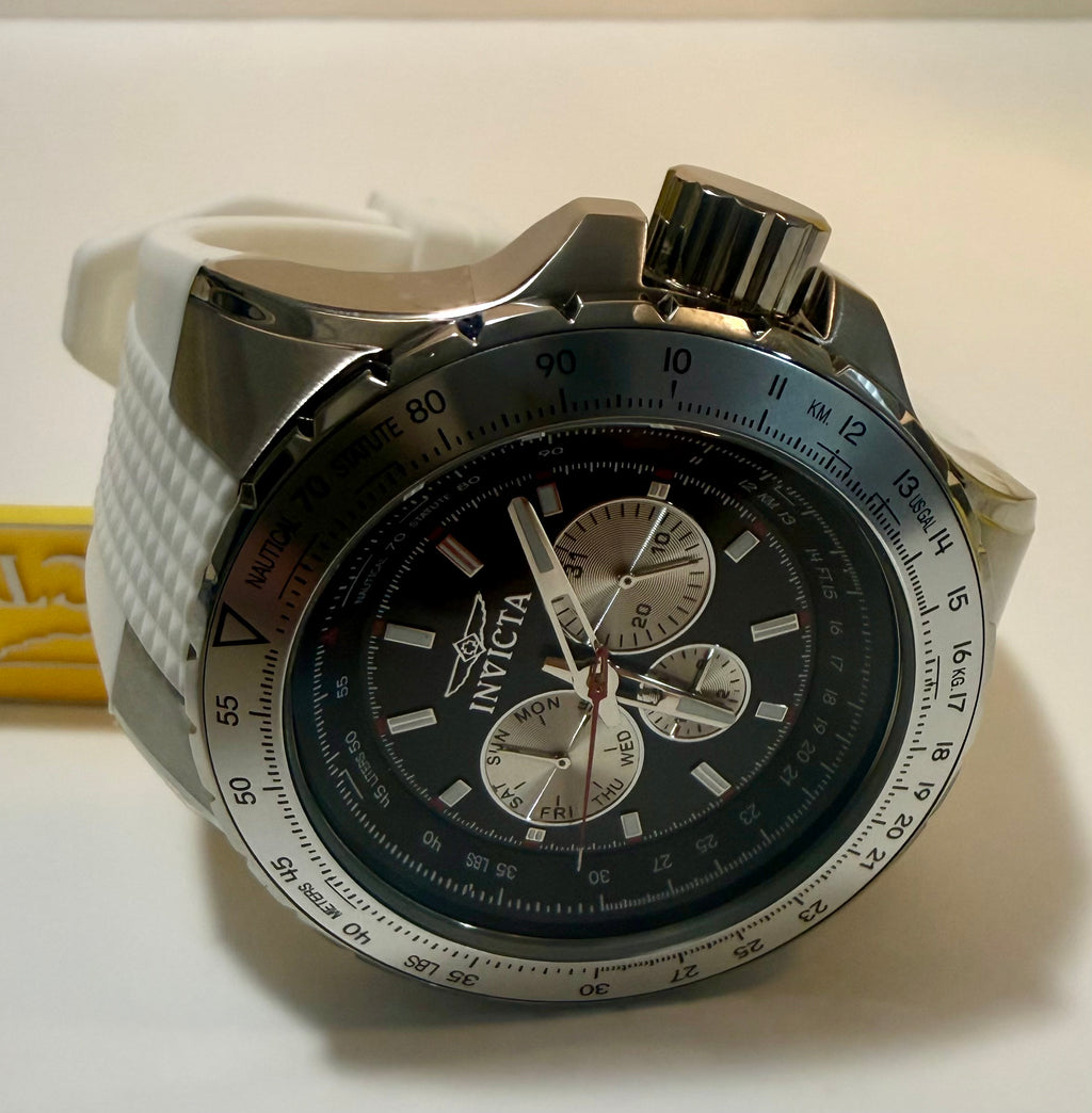 Invicta Aviator  Mens White Silicone Chronograph 50mm with a white strap on a light background