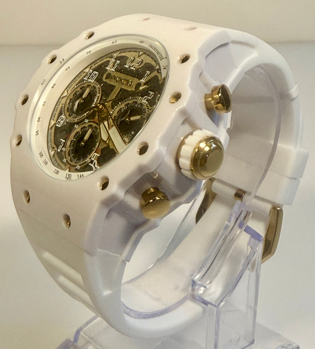 Invicta Men's Racing 43.5mm Quartz Watch IN-69649 Gold Dial White Silicone Strap on a pedestal