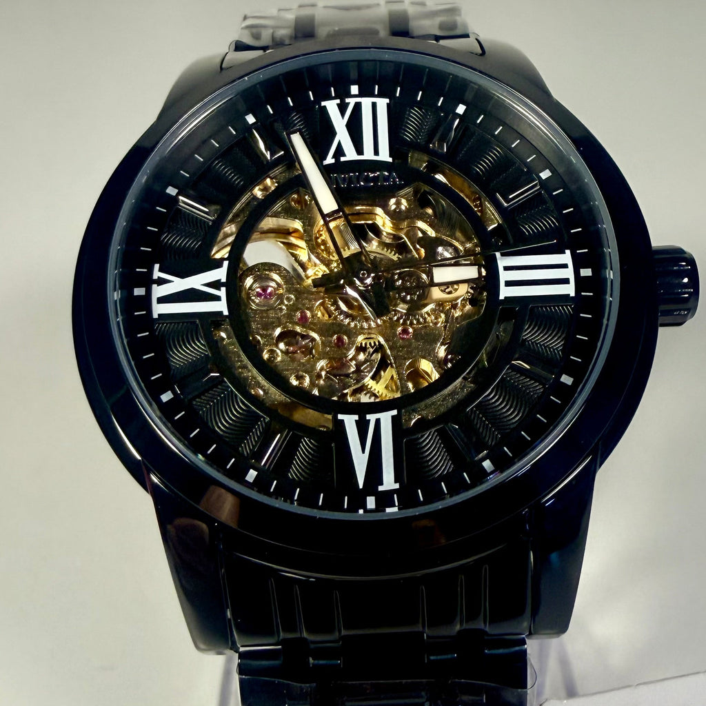 69507 Invicta Mens Objet D Art Artifice Automatic Skeleton Dial Stainless Steel on a pedestal stand