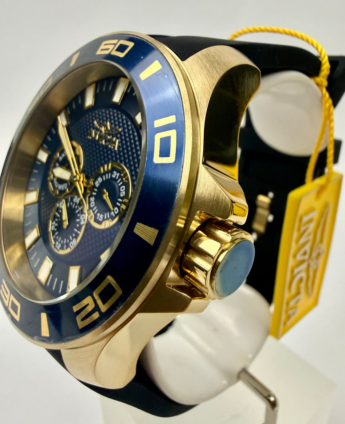 37185 Mens Pro Diver 50mm Case Gold and Blue Dial- Black Silicone Strap Watch