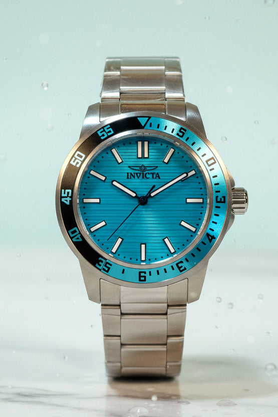 Invicta Specialty Gramercy 45mm Mens Silver watch with blue face on a white background
