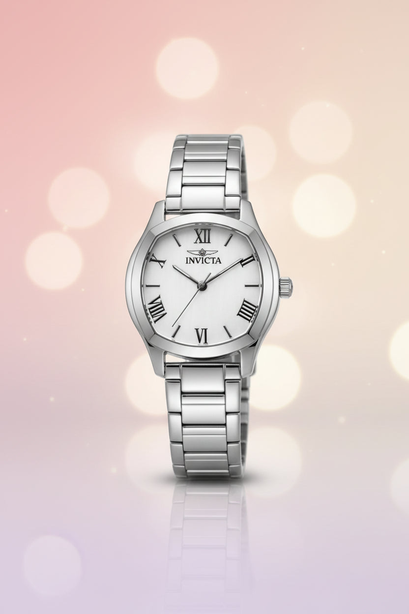 Invicta Ladies Wildflower Silver watch with a white face on a gray background