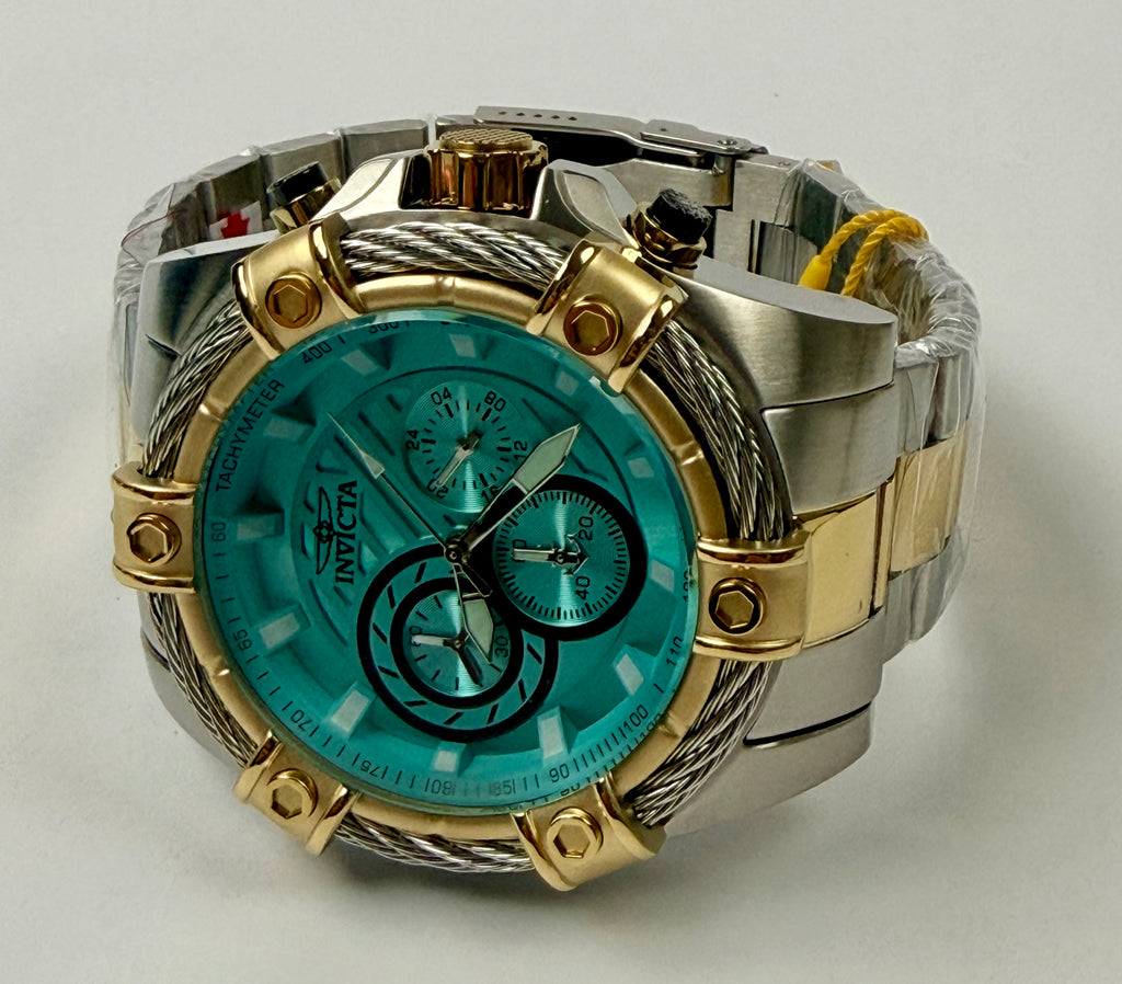 69802 Invicta Mens Bolt Valkir Gold 2 Tone Braided Steel Light Blue Dial 52mm Watch