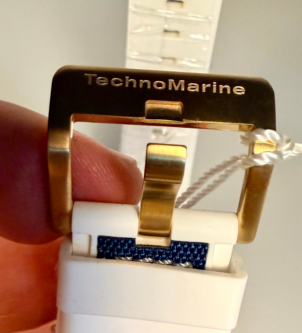 TechnoMarine Reef Shark Swiss Ronda Z50 Caliber Men's Watch - 48mm. White, Blue (ZG-TM-519007) View of Clasp with logo