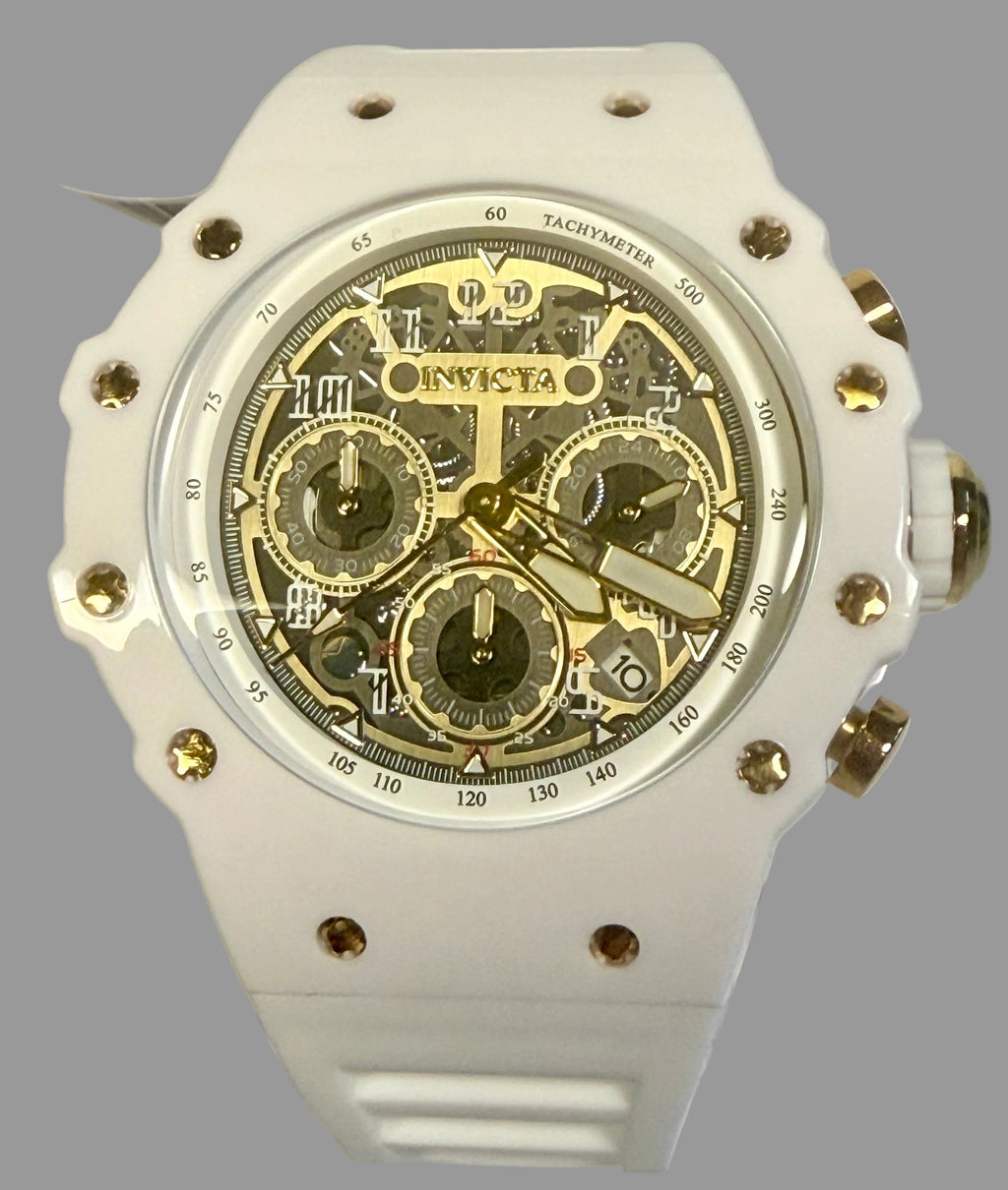 Invicta Men's Racing 43.5mm Quartz Watch IN-69649 Gold Dial White Silicone Strap close up