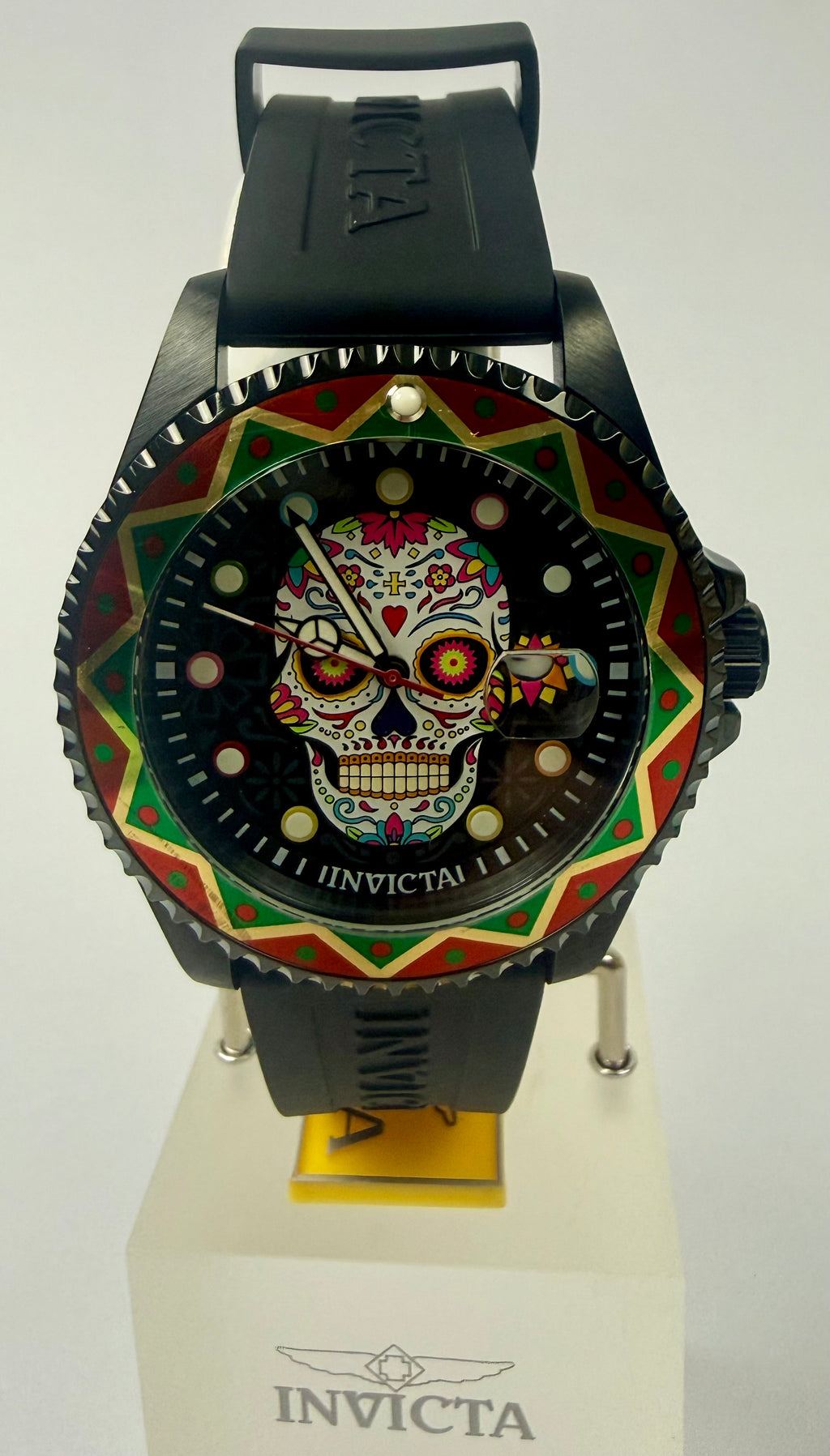 43754 Mens Pro Diver Dia De Los Muertos Skull 43mm Black Silicone Watch