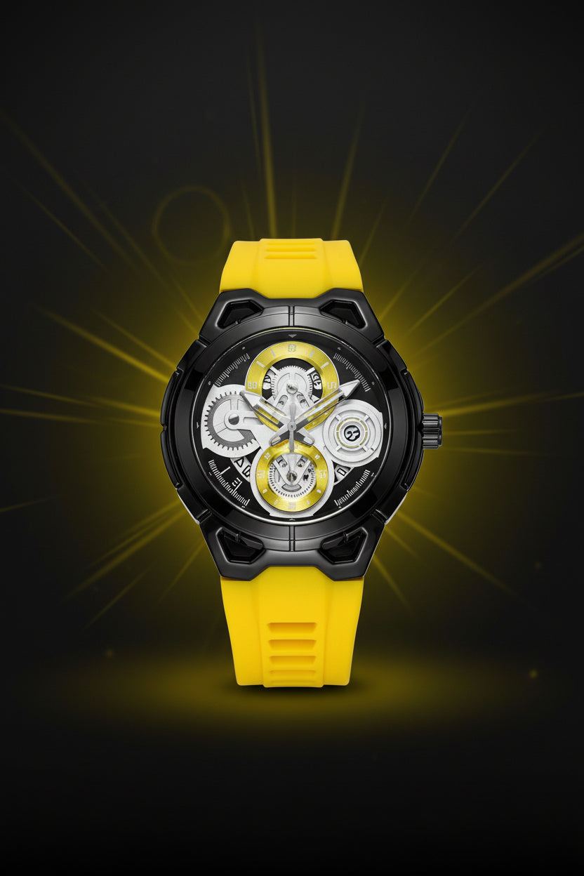 Activa Drift X Watch with a yellow and black strap on a light gray background