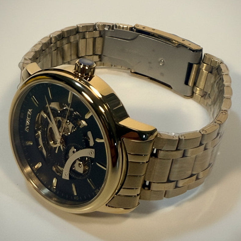 69121 Invicta Objet D Art Arcalis Automatic Men Gold Skeleton Dial Watch 42.5mm
lying on a flat surface