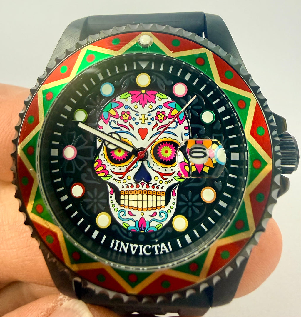 43754 Mens Pro Diver Dia De Los Muertos Skull 43mm Black Silicone Watch