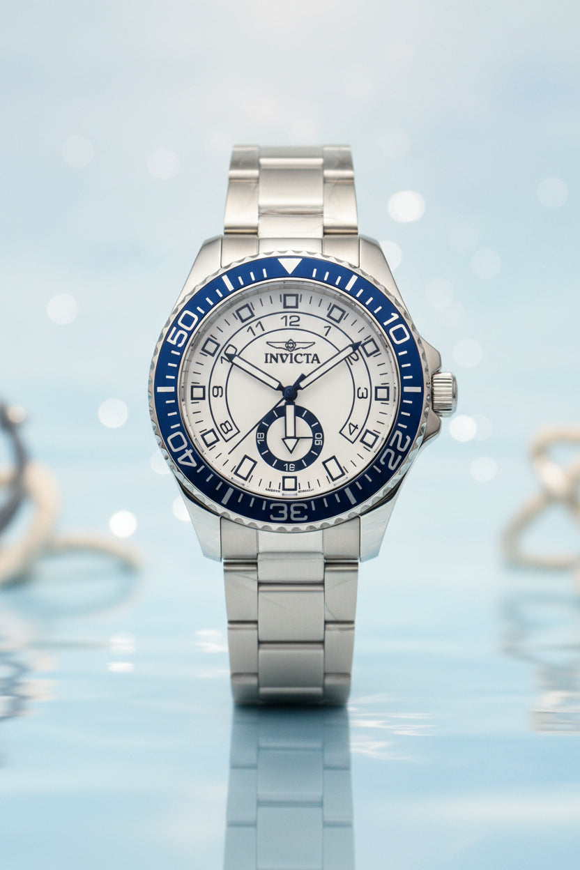 Invicta Mens Pro Diver Silver watch with blue accents on a white background