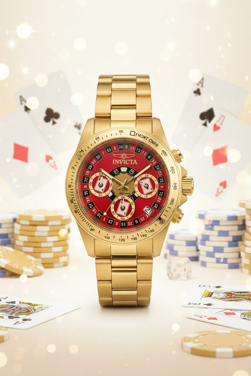 Invicta Speedway Monte Carlo Gold wristwatch with a red face on a white background
