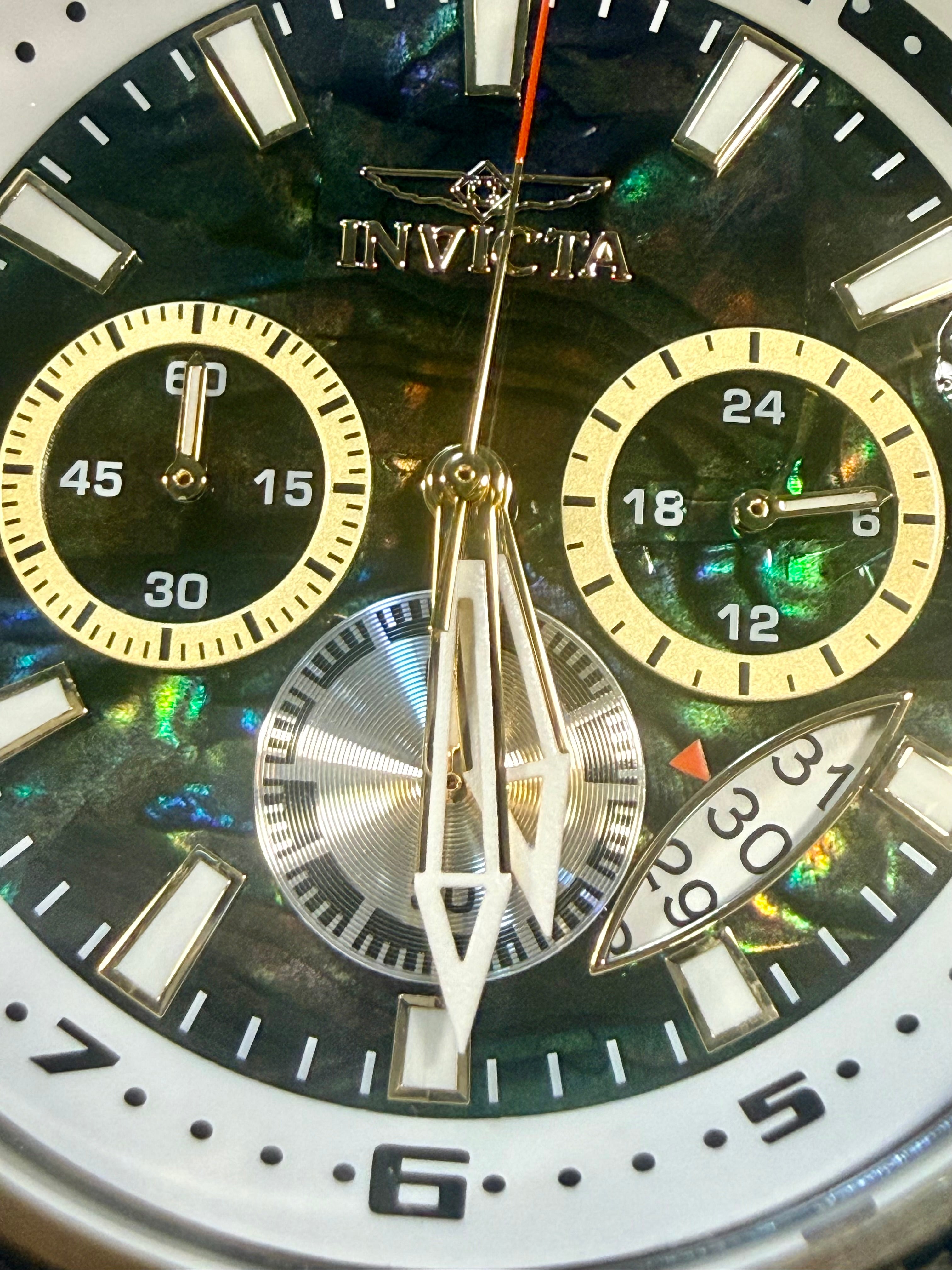 49852 Mens Pro Diver 51mm Goldtone Steel Abalone Dial Chronograph GMT Date Watch