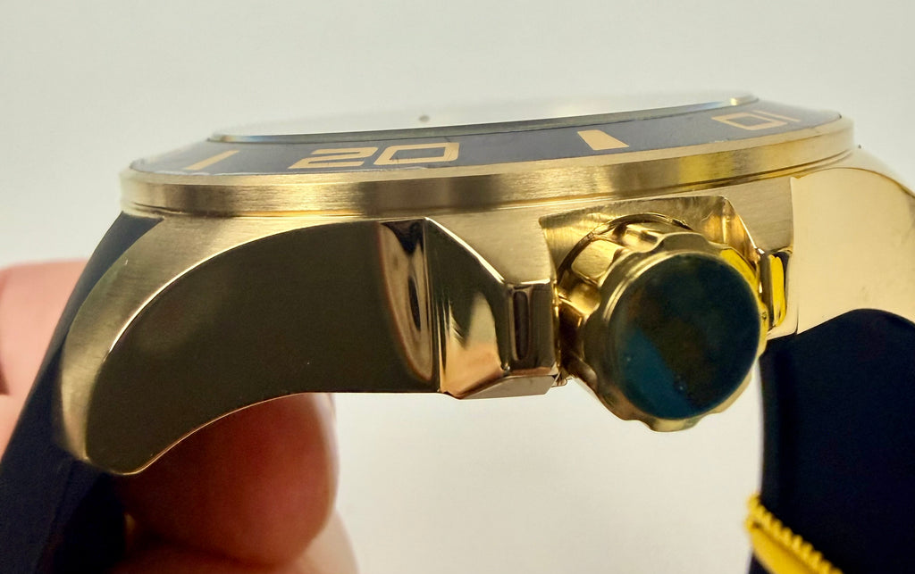 37185 Mens Pro Diver 50mm Case Gold and Blue Dial- Black Silicone Strap Watch