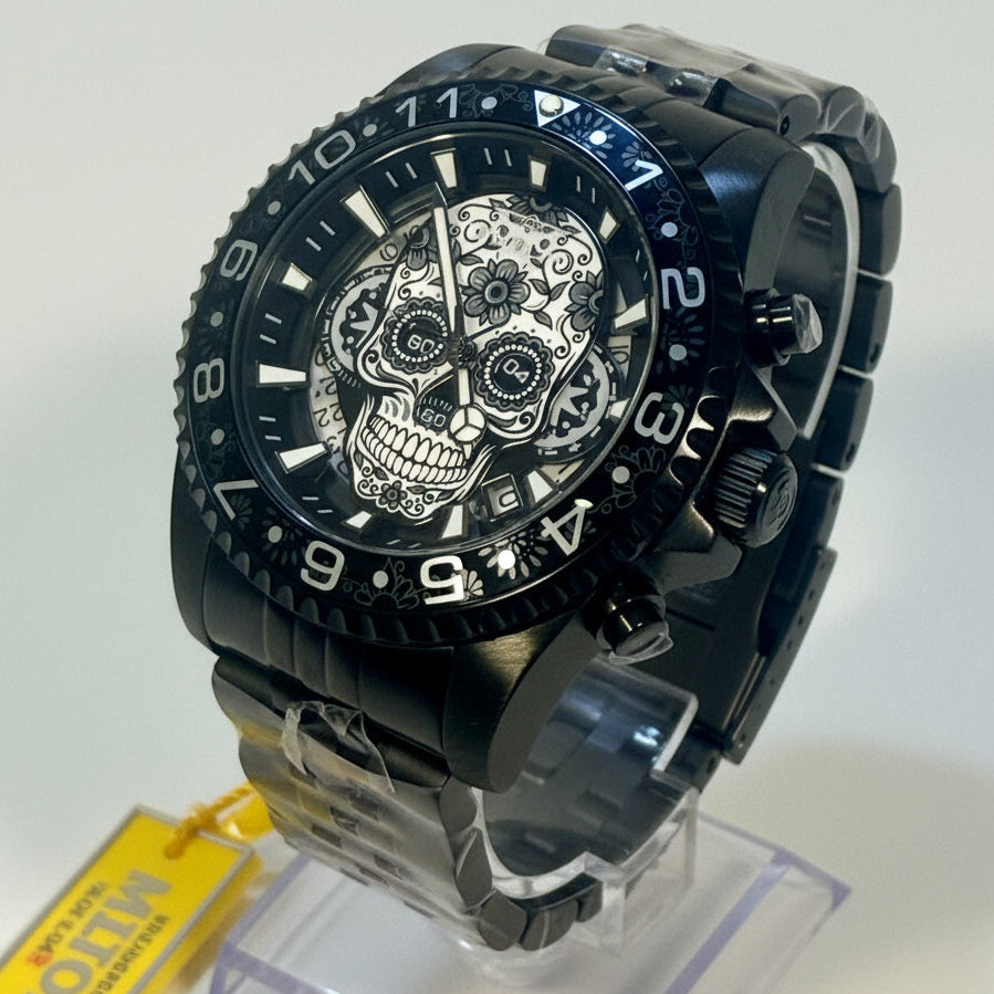 43753 Mens Pro Diver Dia De Los Muertos 43mm Black Stainless Steel Date Watch