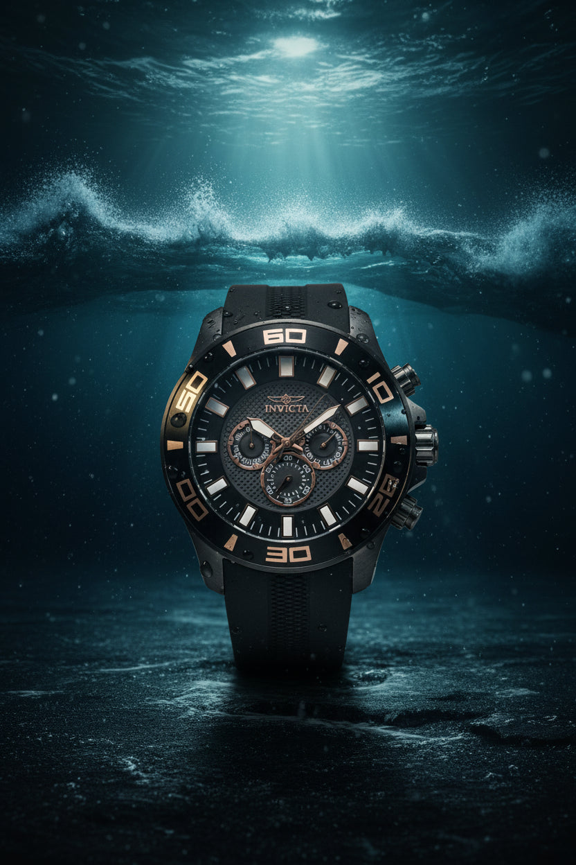 Invicta Mens Pro Dvider Chronograph Black wristwatch with a detailed face on a white background