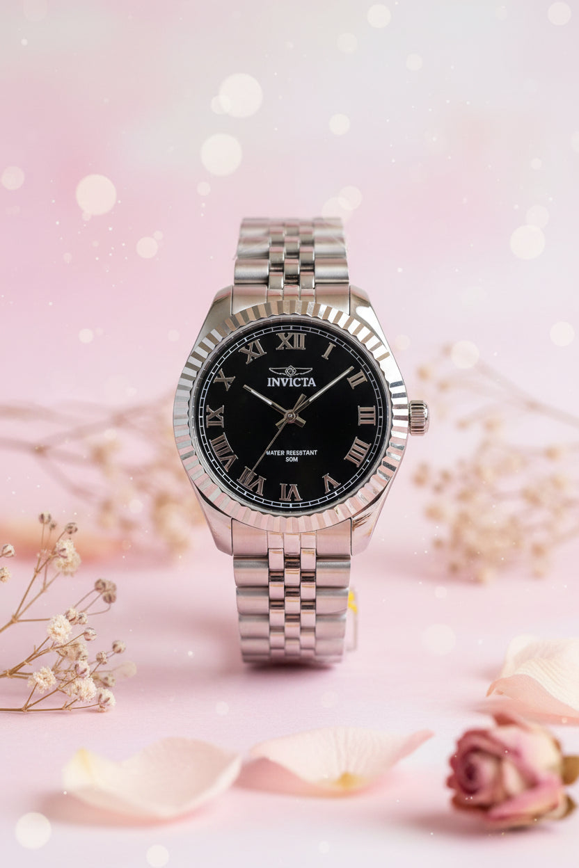Ladies Specialty Windsor 36mm Silver watch with black dial on a white background