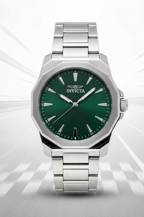 Mens 42mm Invicta Speedway Dominus Silver watch with a green face on a white background