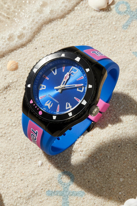 Techno Marine Racing Legends 44mm Wristwatch with blue and pink strap on a light gray background