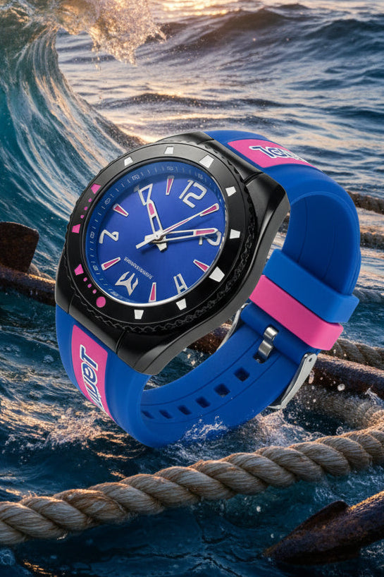 Techno Marine Racing Legends 44mm Wristwatch  Wristwatch with blue and pink strap on a light gray background