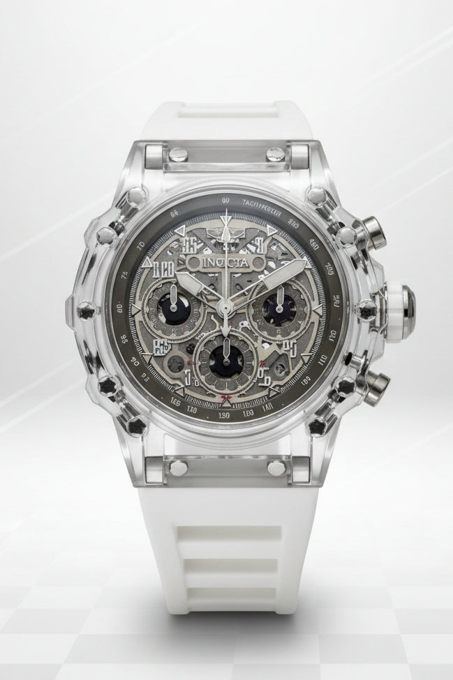 Mens Invicta Racing Vaulthan 44mm Watch with transparent case and white strap on a light background