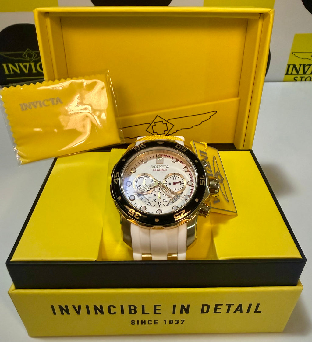 Invicta Pro Diver SCUBA Men's Watch - 48mm. Gold, Whitein a yellow box with 'Invincible in Detail' text
