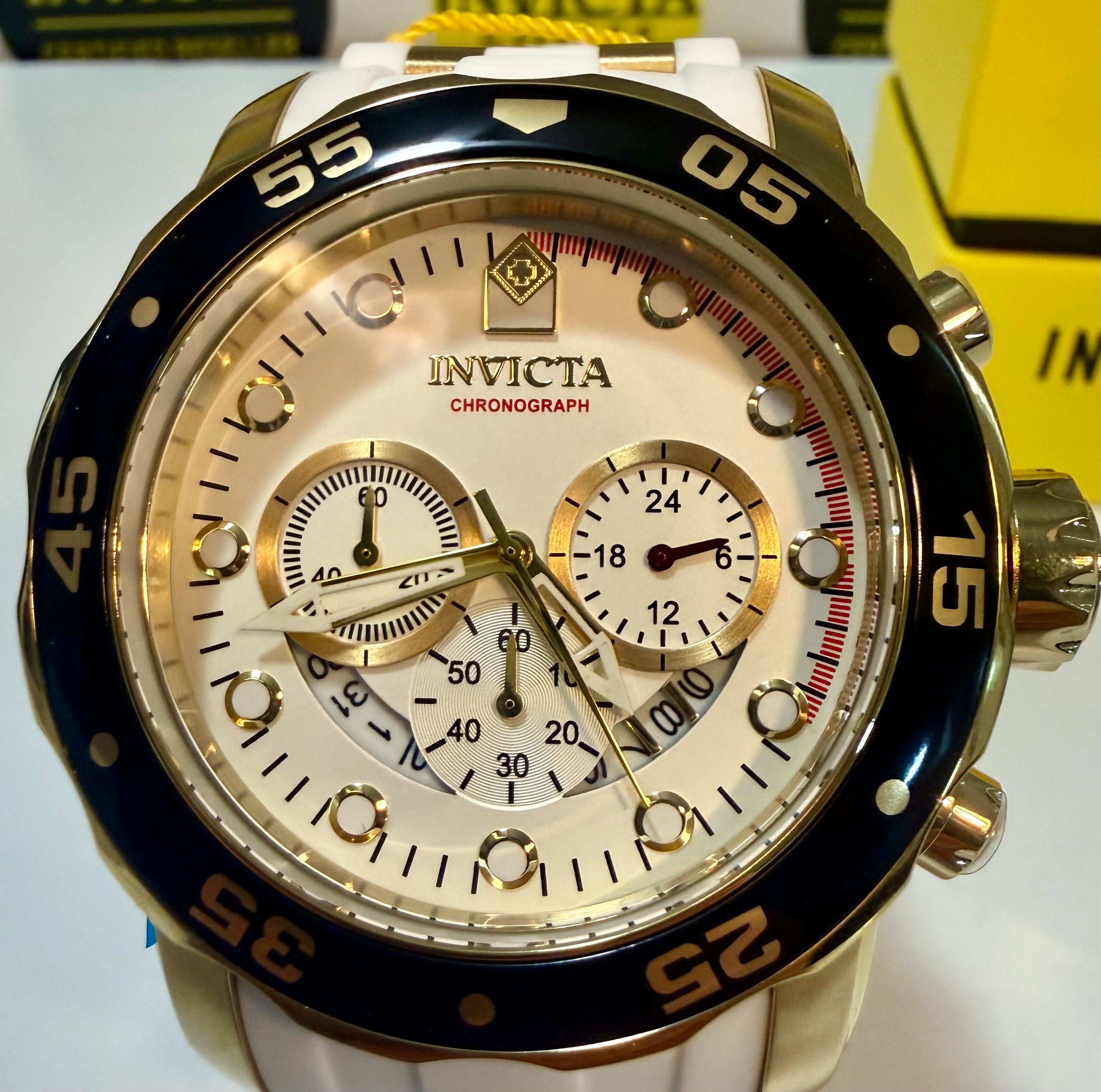 Invicta Pro Diver SCUBA Men's Watch - 48mm. Gold, White with gold and black details on a white background
