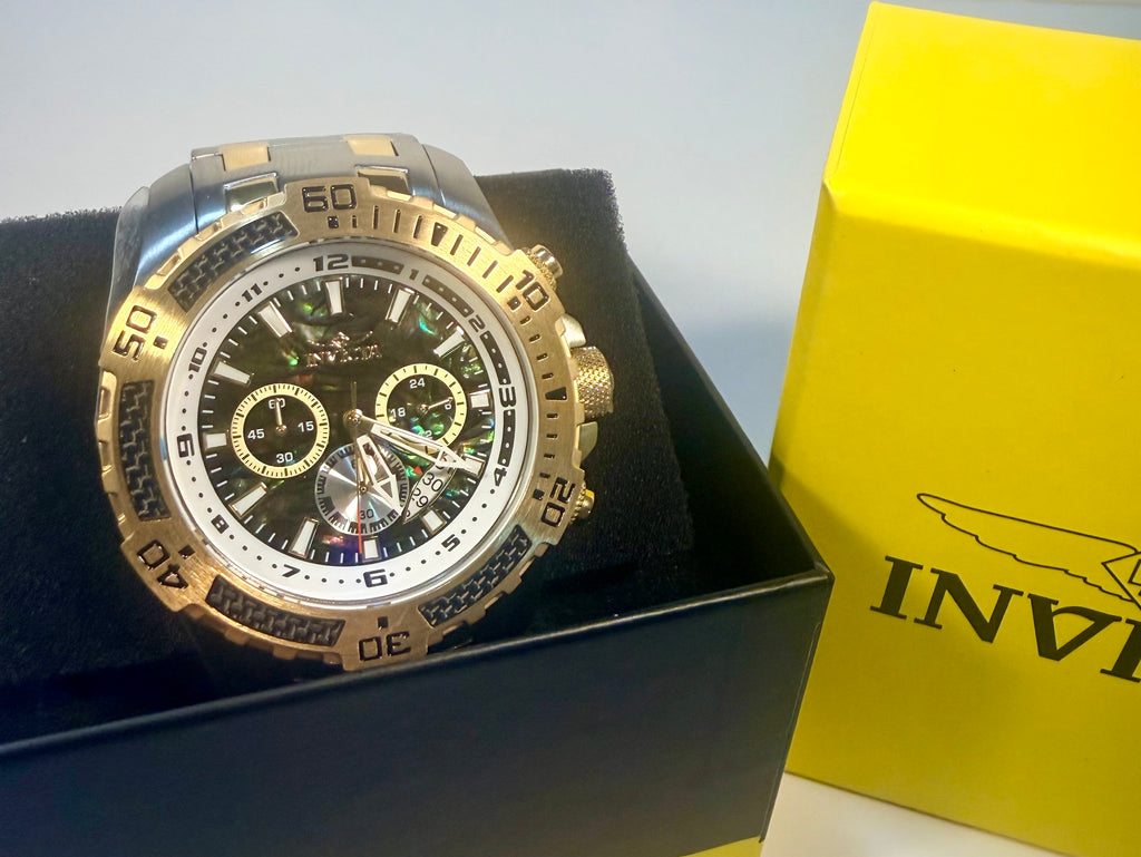 49852 Mens Pro Diver 51mm Goldtone Steel Abalone Dial Chronograph GMT Date Watch
