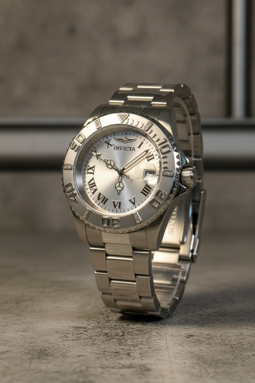 Invicta Pro Diver 12819 Swiss Ronda 515 40mm 0.06ctw Diamond Silver watch with a detailed face on a light gray background