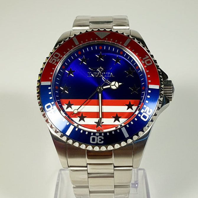 48942 Invicta Mens Pro Diver Stars and Stripes Edition 43mm Dial 200m Watch on pedestal