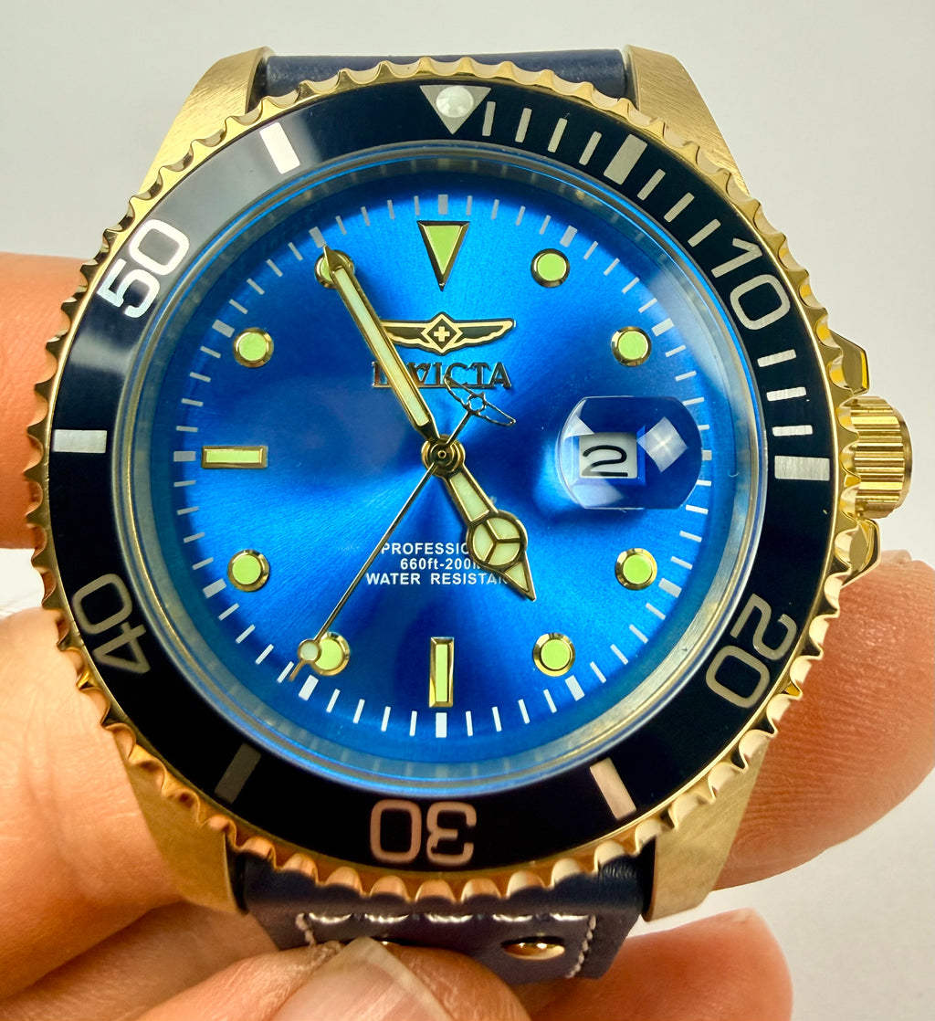 22076 43mm Mens Pro Diver  Blue Dial Watch Leather Strap Special Case
