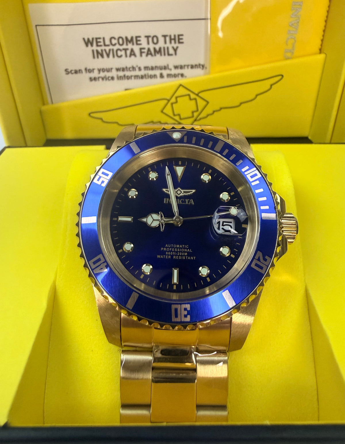08930OBXL Invicta Mens Pro Diver Bathyos Automatic Gold Case Blue Bezel Black Dial