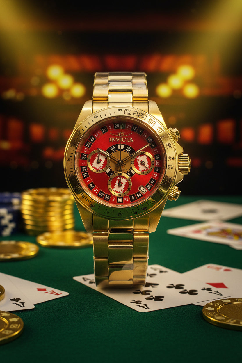 Invicta Speedway Monte Carlo Gold watch with a red face on a white background