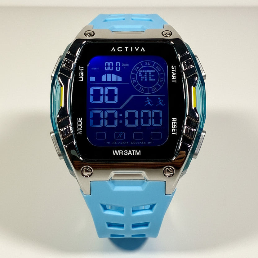 ACW8130-002 Activa by Invicta Digital Light Blue Poly Strap Mens Watch 46 mm NIB on pedestal