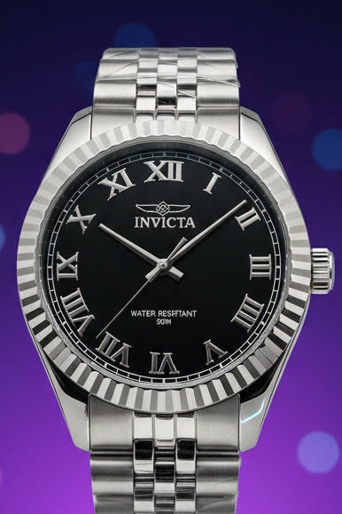Mens Specialty Rowan 43mm Silver Invicta watch with black dial and Roman numerals on a purple background