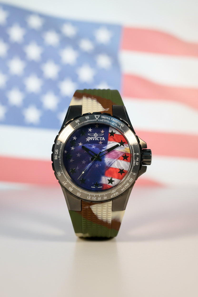 Invicta Aviator Patriotic Camo watch with camouflage band and American flag design on a blurred American flag background