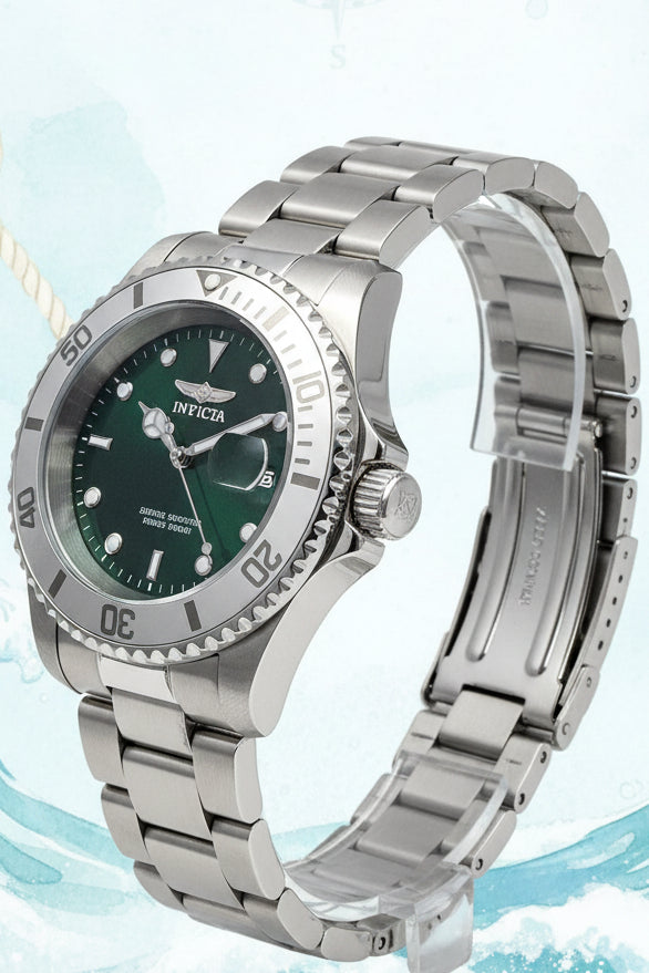 Invicta Mens Pro diver Aurenova 40mm  Silver watch with a black face on a white background
