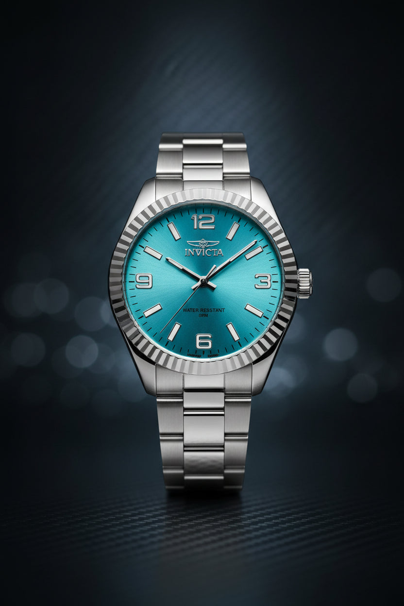Invicta Specialty Stratford Watch with a blue face and silver case on a white background