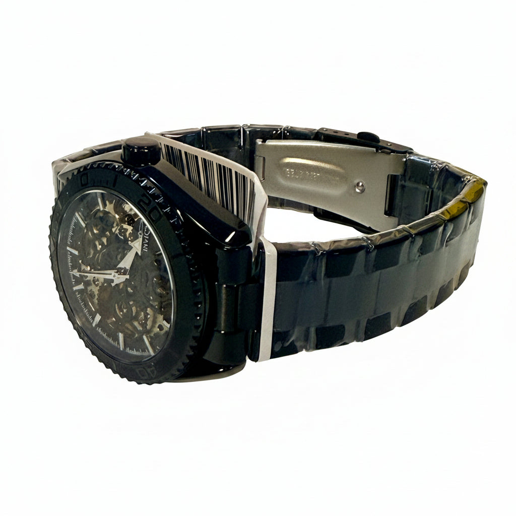 69507 Invicta Objet D Art Automatic Men Black Skeleton Dial Watch 41mm WR 30m lying on a flat surface
