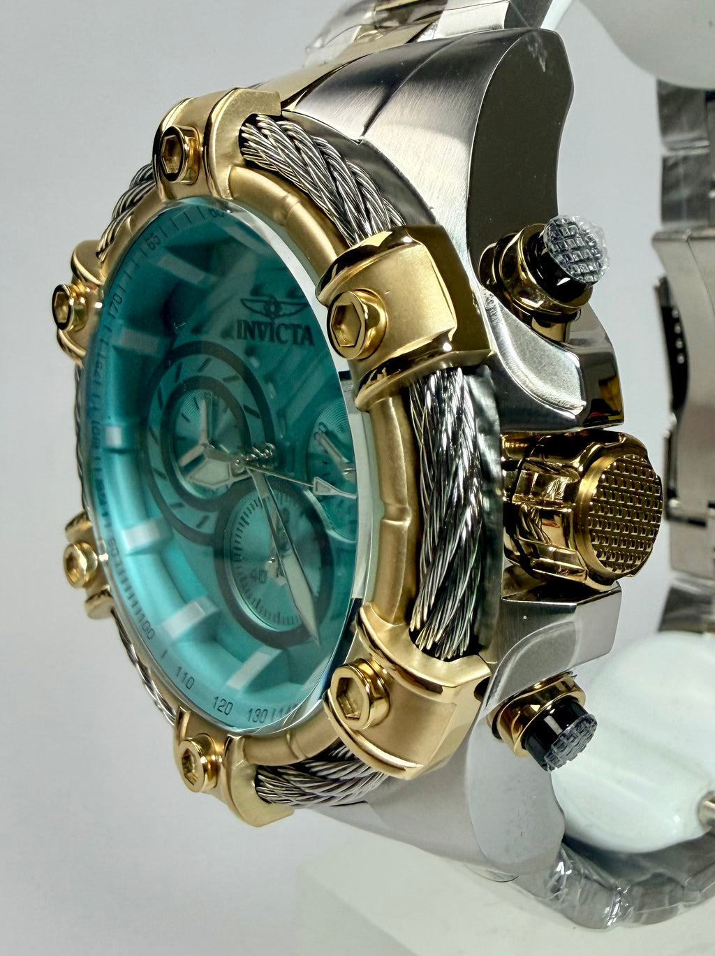 69802 Invicta Mens Bolt Valkir Gold 2 Tone Braided Steel Light Blue Dial 52mm Watch
