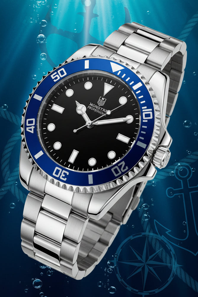 Montres Prestige 42mm Mens Pro Diver  Wristwatch with a black face and blue bezel on a white background
