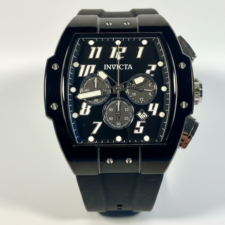 45480 Invicta S1 Rally Chronograph 47 mm Black Smoke Dial Mens Tonneau Watch NIB close up
