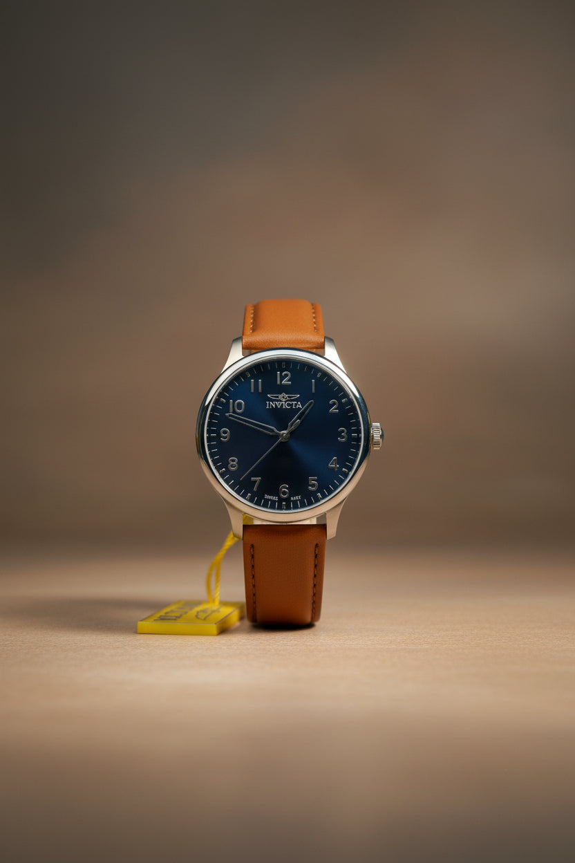 Mens Celestial Blue Sunray Dial Invicta watch with brown leather strap on a white surface, surrounded by Invicta branded materials.